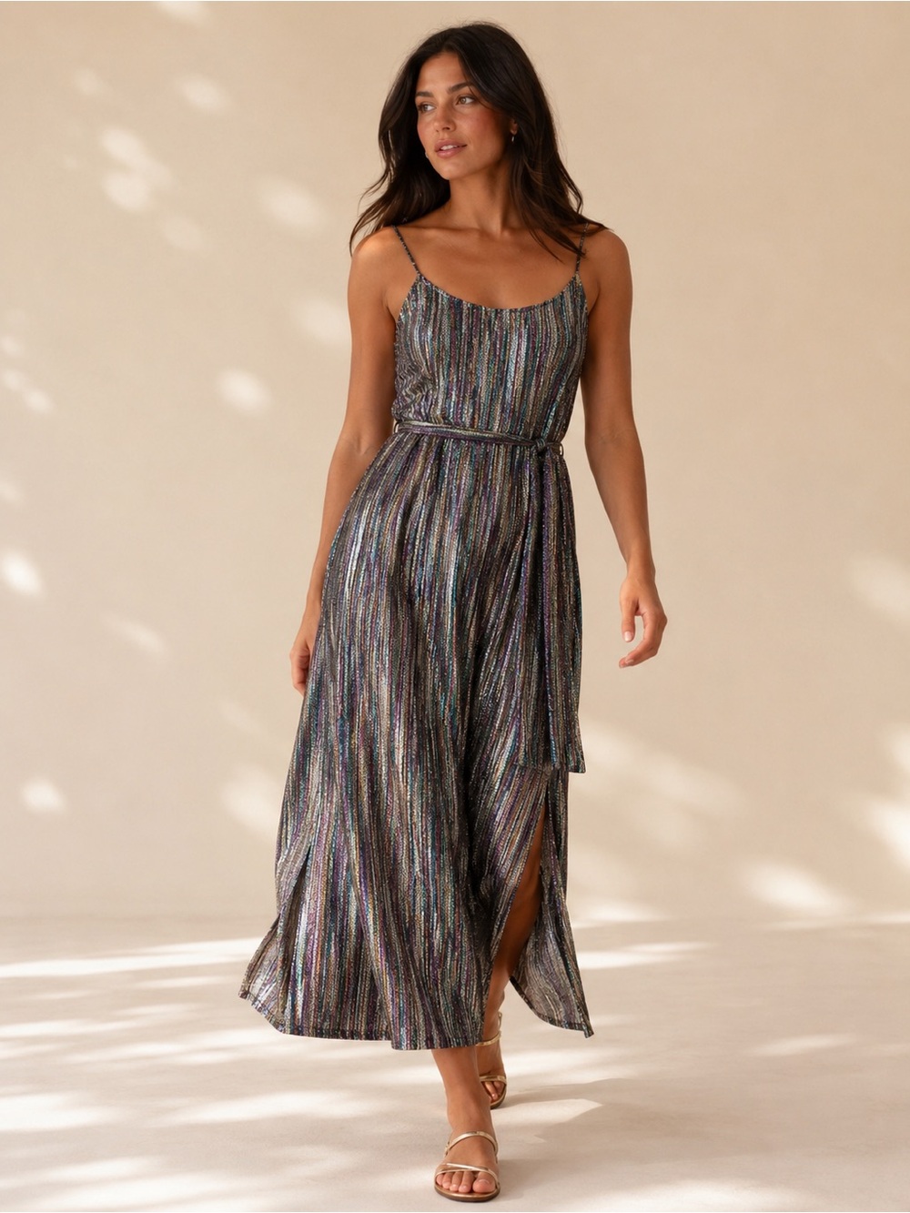 Lush Boutique Metallic Striped Spaghetti-Strap Maxi Dress - Multicolor Party